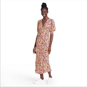 RIXO Floral puff sleeves fit & flare v neck dress